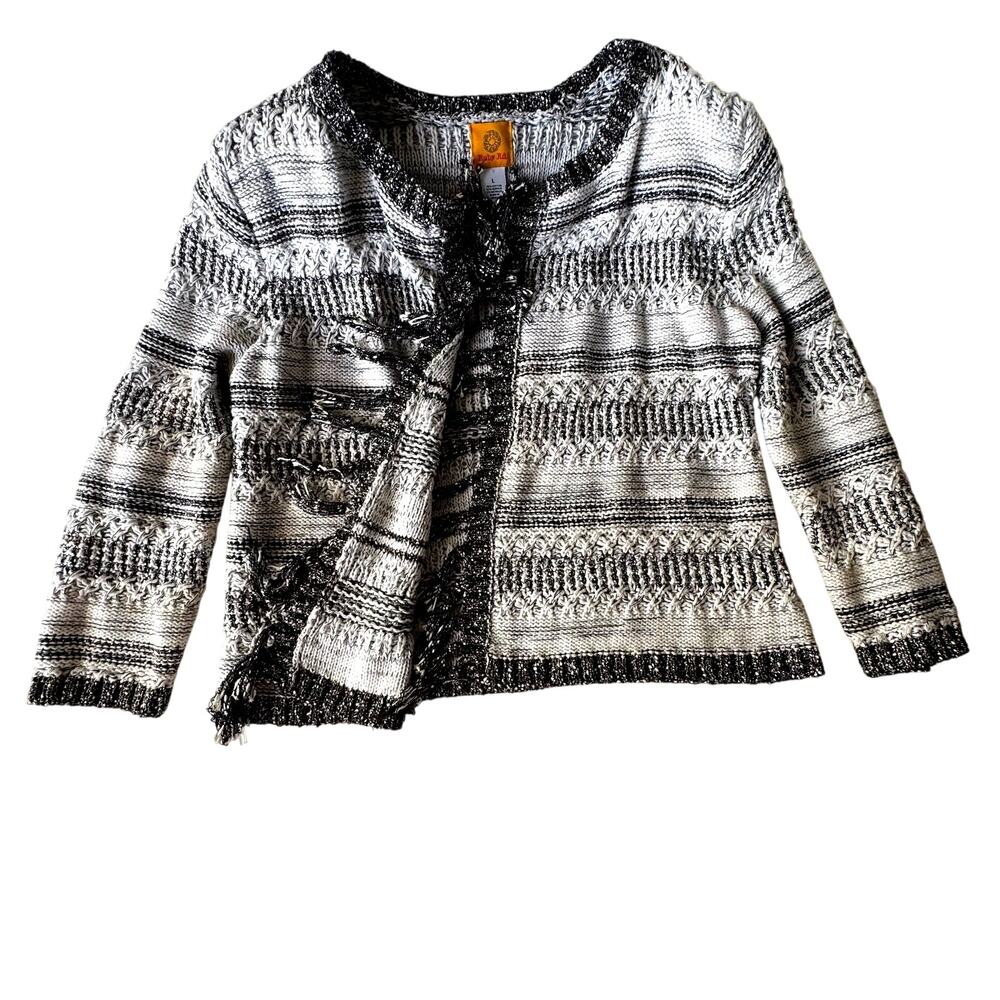 Ruby Rd Black, White and Metallic Open Cardigan Lightweight Sweater Large